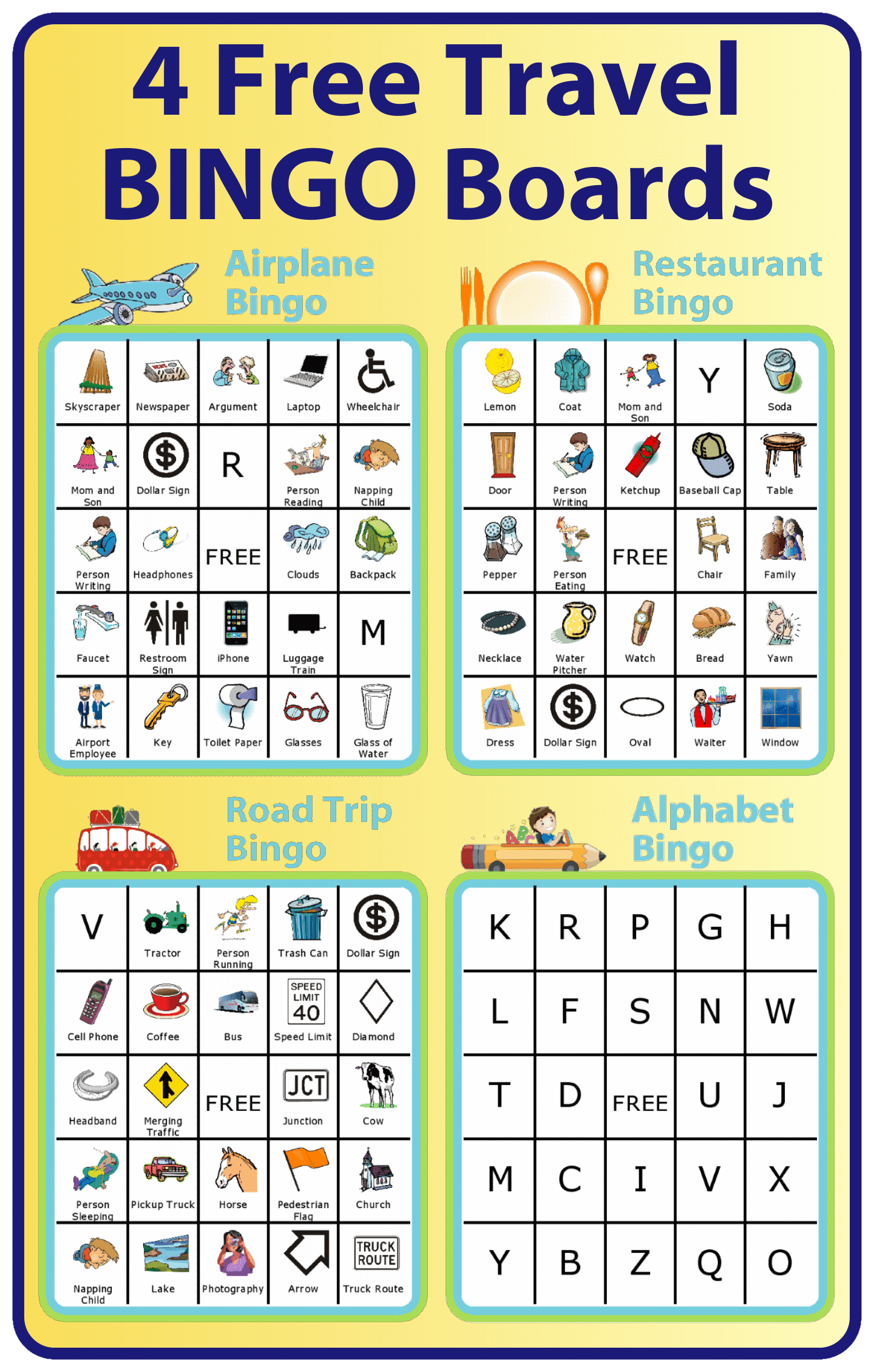 4 free bingo boards: airplane, road trip, restaurant, alphabet
